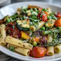Vibrant Spring Pasta Primavera showcasing colorful vegetables tossed with penne in a light, herby lemon sauce.