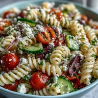 A colorful Greek-style pasta salad with olives, feta, and fresh vegetables, perfect for summer picnics or BBQs.