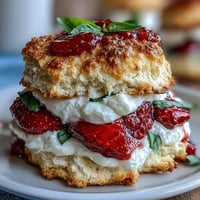 Fluffy buttermilk biscuits layered with sweet strawberries, fresh basil, and whipped cream for a summery twist.  