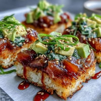 A colorful plate of crispy rice salad topped with spicy tuna and creamy avocado slices, perfect for sushi lovers craving bold flavors.
